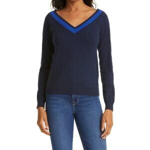 L'AGENCE 'Antoinette' V-Neck Varsity Blue Sweater LARGE NWT $295